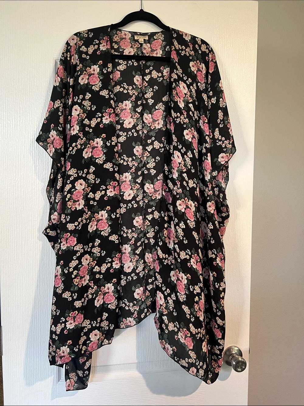 Lily White Black Floral Open-Front Tunic with Pink Blossoms